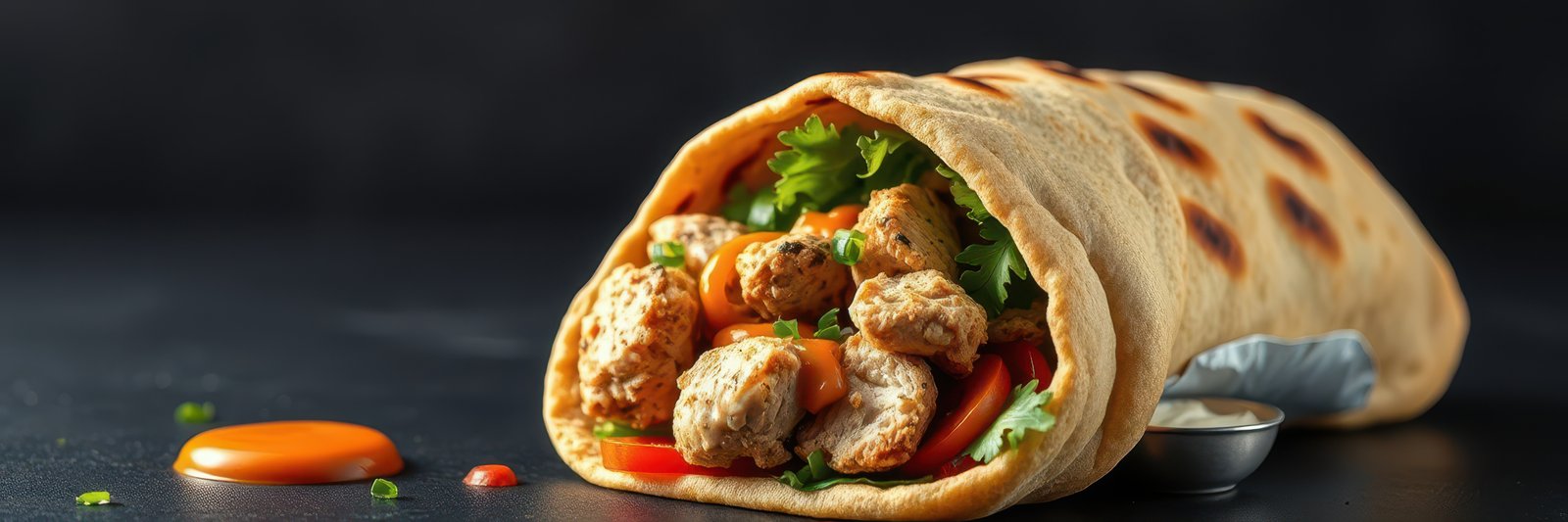 Delicious wrap filled with spiced protein, fresh vegetables, and sauce on a dark background